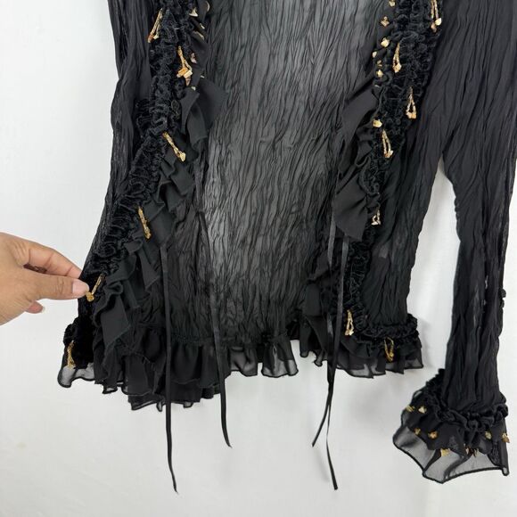 Lucy Collection Black Sheer Ruffle Beaded Tie Front Blouse Top S/M Boho Party - Picture 15 of 16
